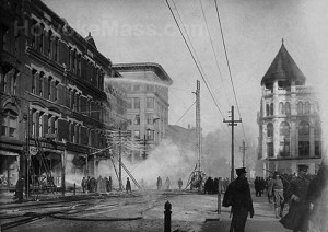 Fighting Holyoke's Big Fire, View Looking Up High Street. This Fire damaged the buildings and contents to the extent of some $200,000, the heaviest losers being Fay & Shumway, Footware, and McAuslan Wakelin, Department Store. John B. Sutcliffe, publisher, Holyoke, MA