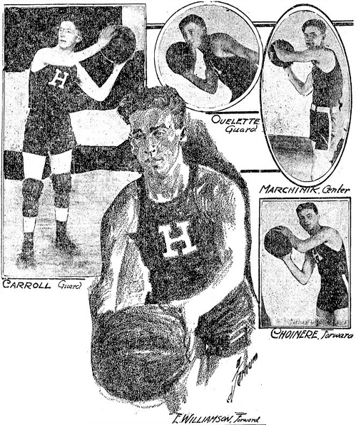 Clockwise, from upper left: Carroll (guard), Ouelette (guard), Marchinik (Center), Choinere (Forward) and Williamson (Forward).